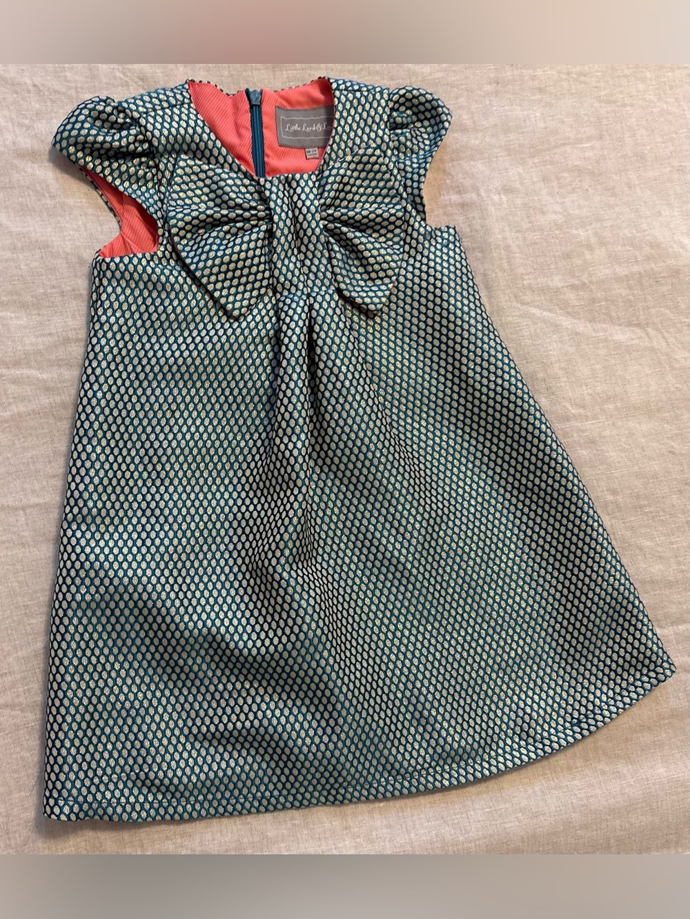 Little Lord & Lady Jade Gold Metallic Jacquard  Bow Dress 18-24M